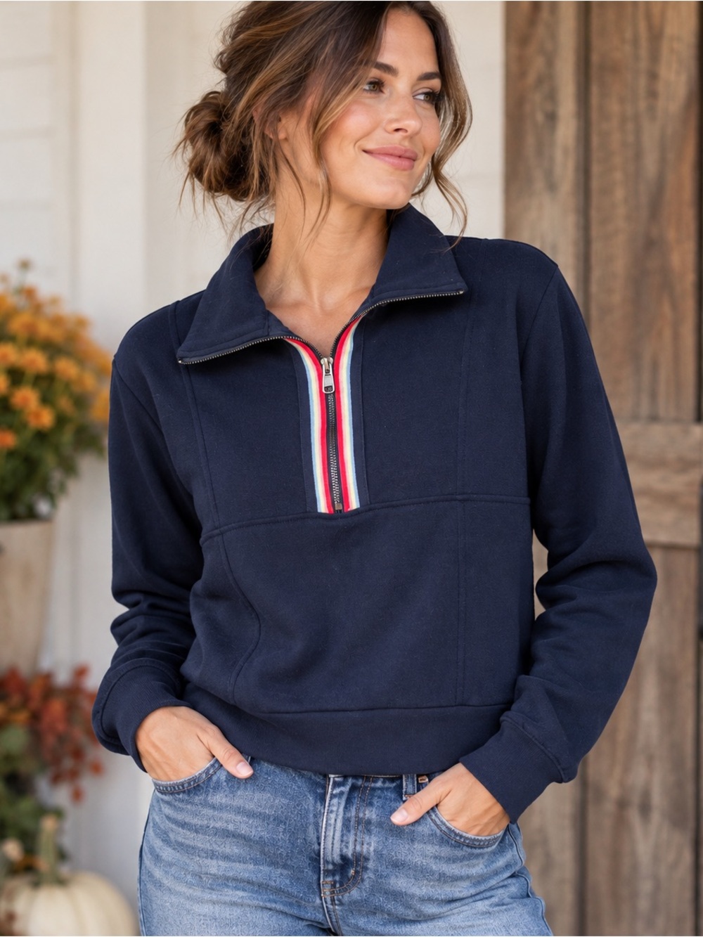 Evereve Women’s Small Navy Quarter Zip Pullover Rainbow Stripe Funnel Neck